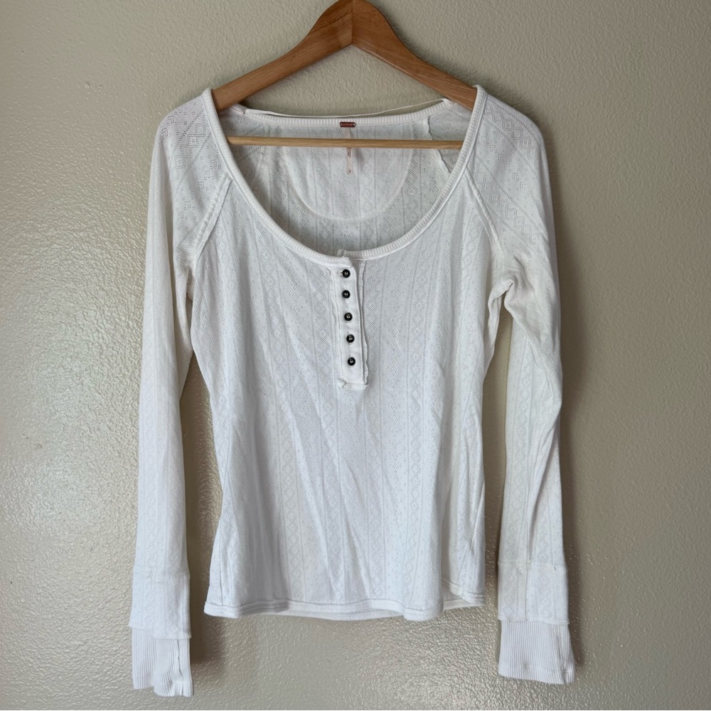 Free People Ivory Long Sleeve Top with Button Detail